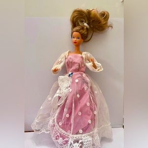 Vintage, 1970-80s Barbie Doll in Original White and Pink Polka Dot Gown (C0223)